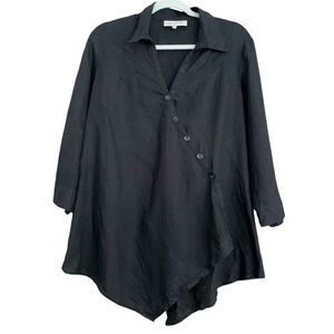 Jones New York Linen Lagenlook 3/4 Sleeve Asymmetrical Black Tunic Top Sz M